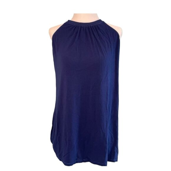 LinQ Halter Top Navy Blue Knit Sparkle Trim Criss Cross Back Strap Sleeveless XL - Picture 1 of 6